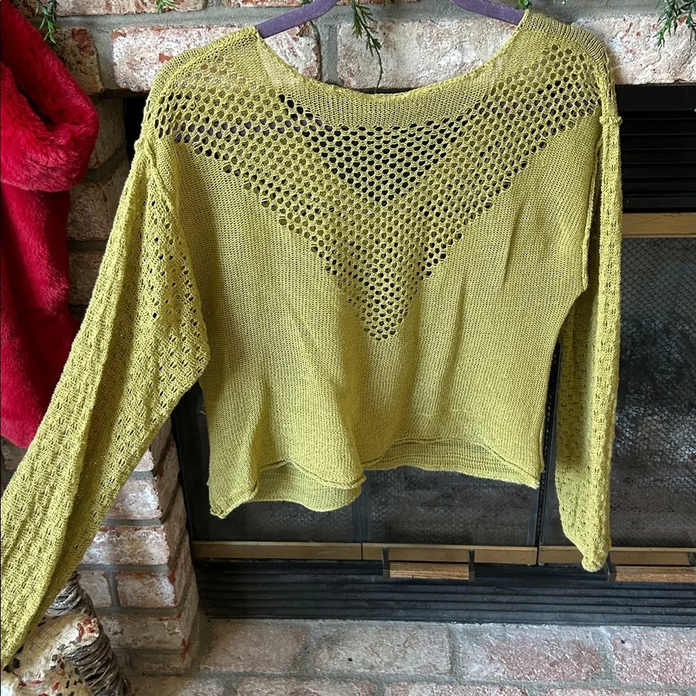 Free‎ People Women’s Open Knit V-Neck Long Sleeve Pullover Sweater Green Size S